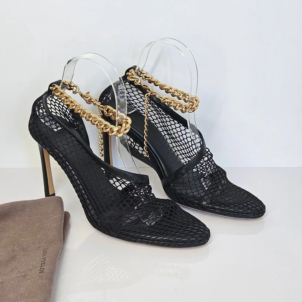 Bottega Veneta Stretch Chain Ankle Strap Nappa Leather Heel Mesh Pumps Size 38 - Picture 10 of 16